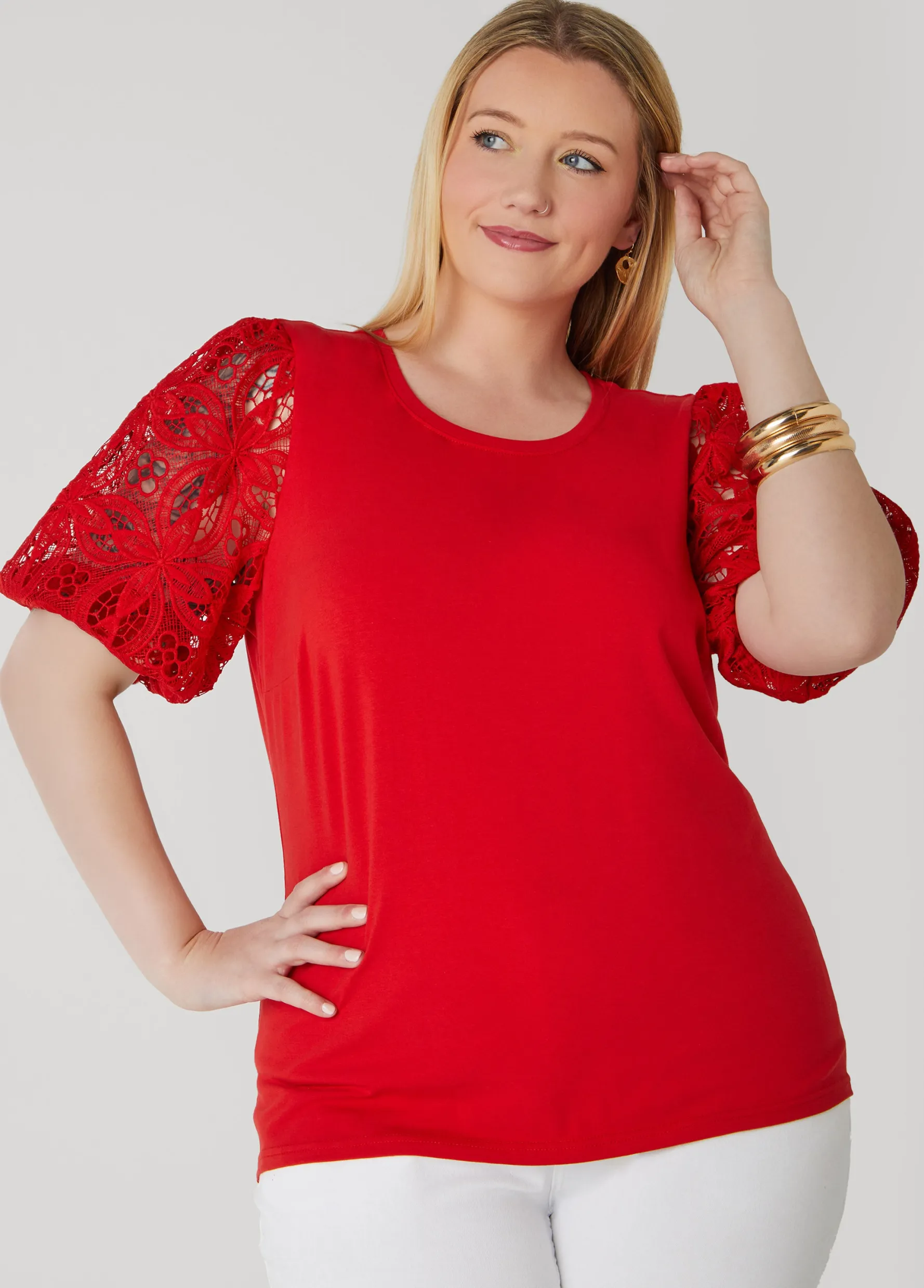 Best Ashley Stewart Crochet Sleeved Jersey Tee Aura Orange