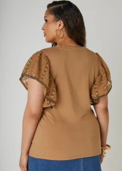 Online Ashley Stewart Crochet Sleeved Jersey Top Caramel Cafe