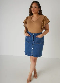Online Ashley Stewart Crochet Sleeved Jersey Top Caramel Cafe