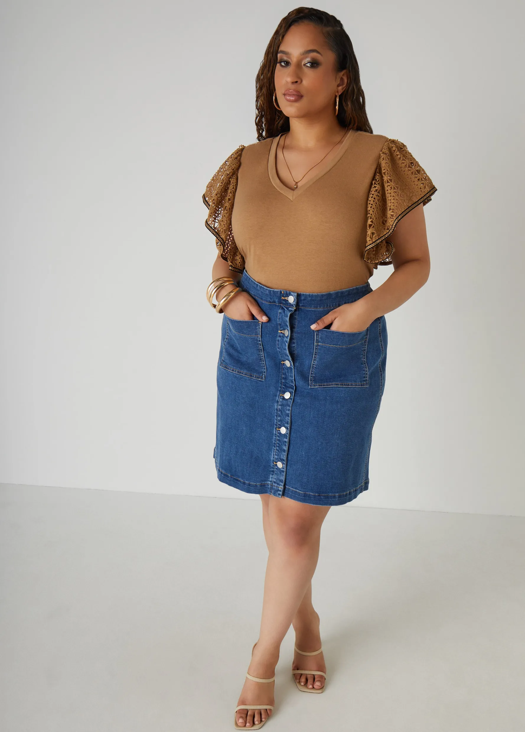Online Ashley Stewart Crochet Sleeved Jersey Top Caramel Cafe