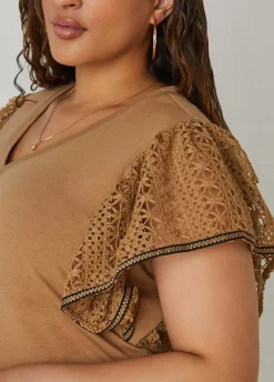 Online Ashley Stewart Crochet Sleeved Jersey Top Caramel Cafe