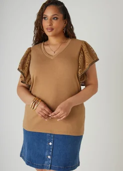 Online Ashley Stewart Crochet Sleeved Jersey Top Caramel Cafe