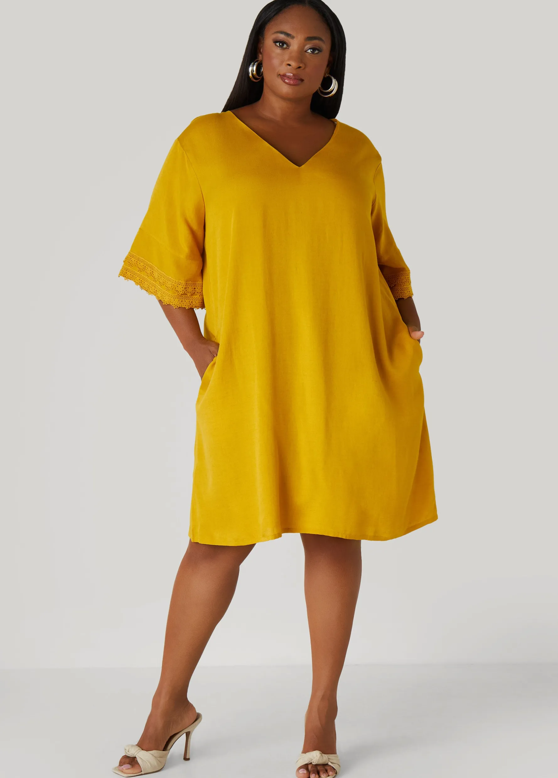 Fashion Ashley Stewart Crochet Trimmed V Neck Dress Nugget Gold