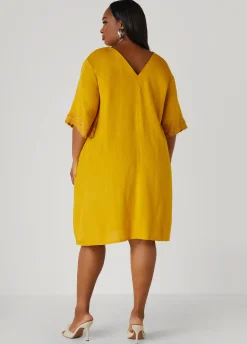 Fashion Ashley Stewart Crochet Trimmed V Neck Dress Nugget Gold