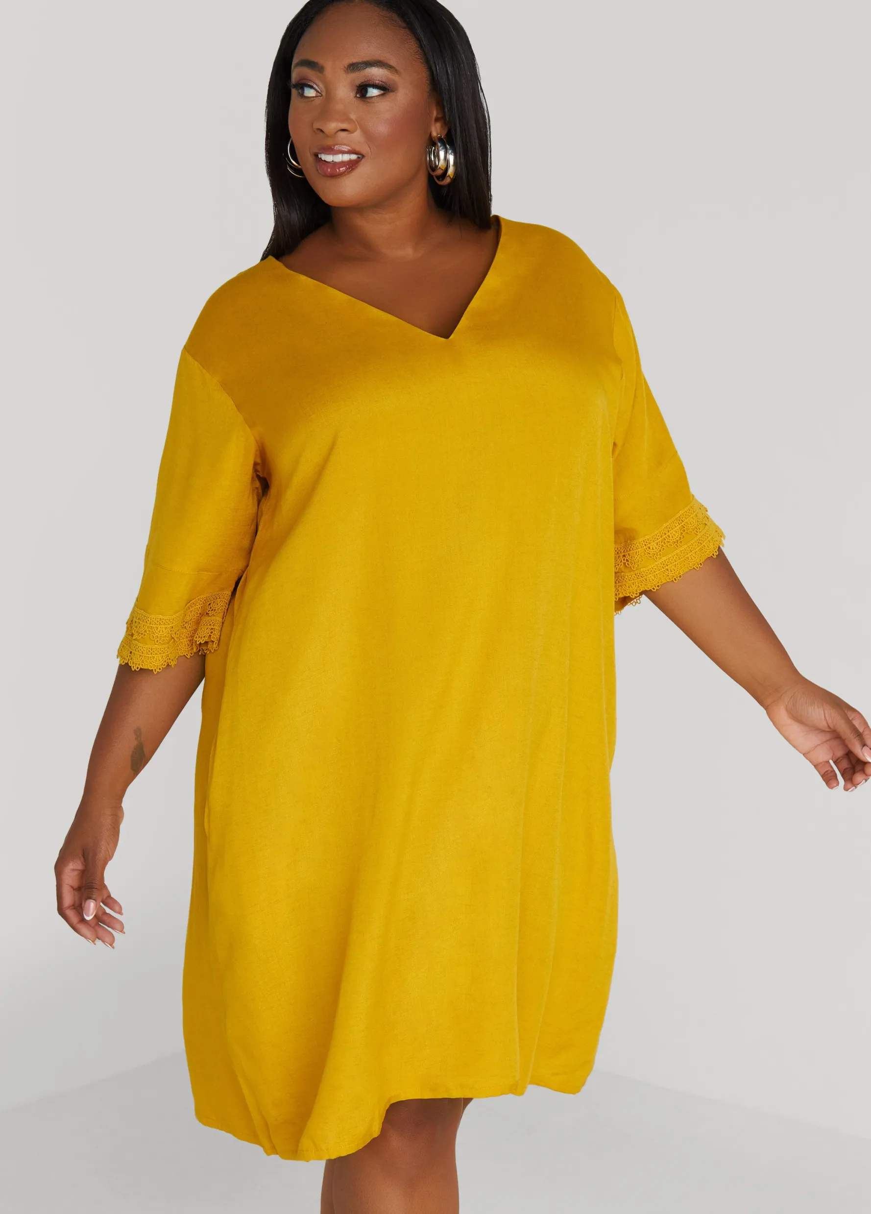 Fashion Ashley Stewart Crochet Trimmed V Neck Dress Nugget Gold
