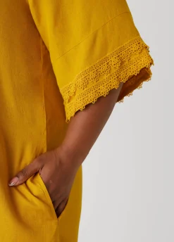 Fashion Ashley Stewart Crochet Trimmed V Neck Dress Nugget Gold