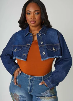 Fashion Ashley Stewart Cropped Frayed Denim Jacket Dk Rinse