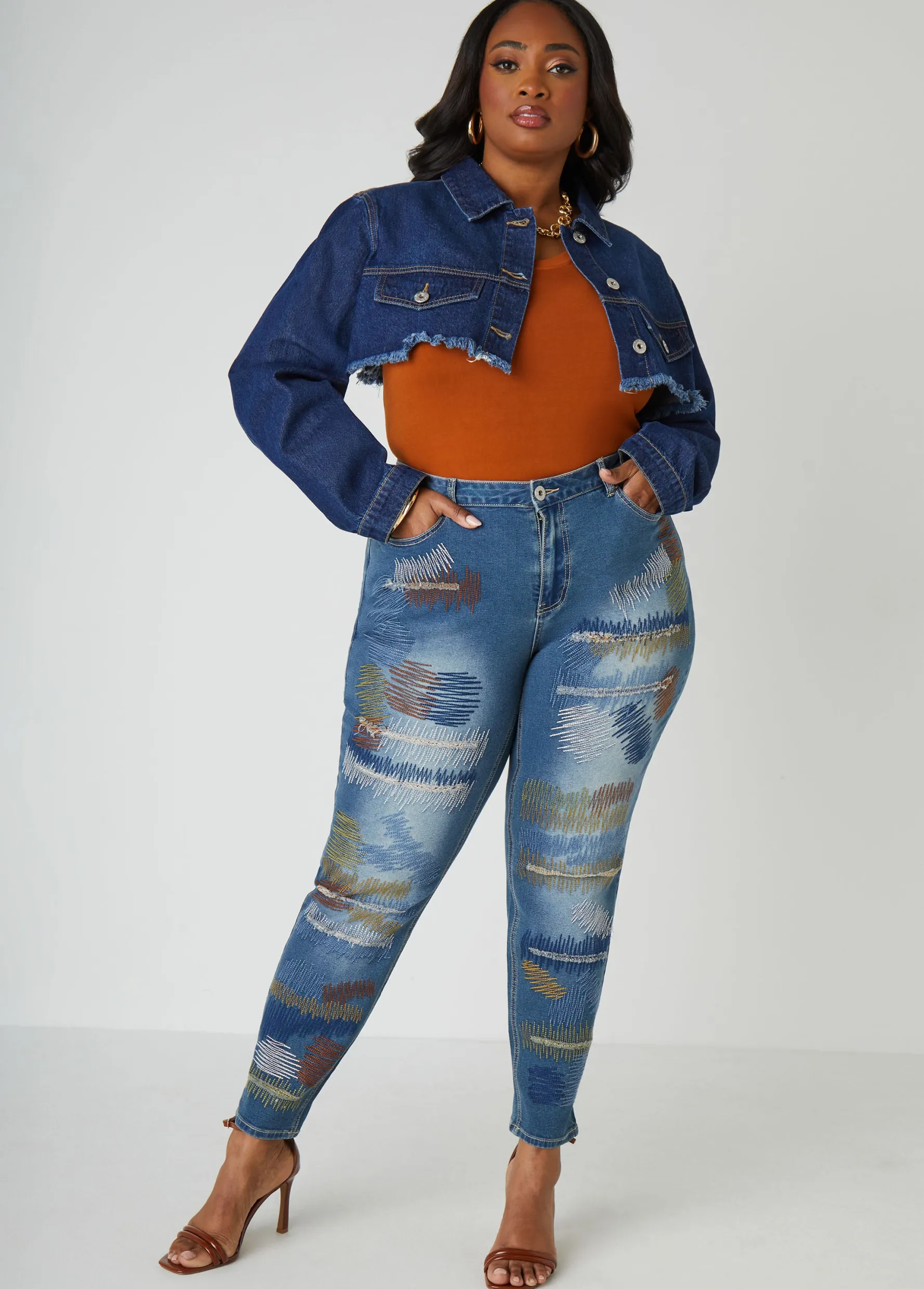 Fashion Ashley Stewart Cropped Frayed Denim Jacket Dk Rinse