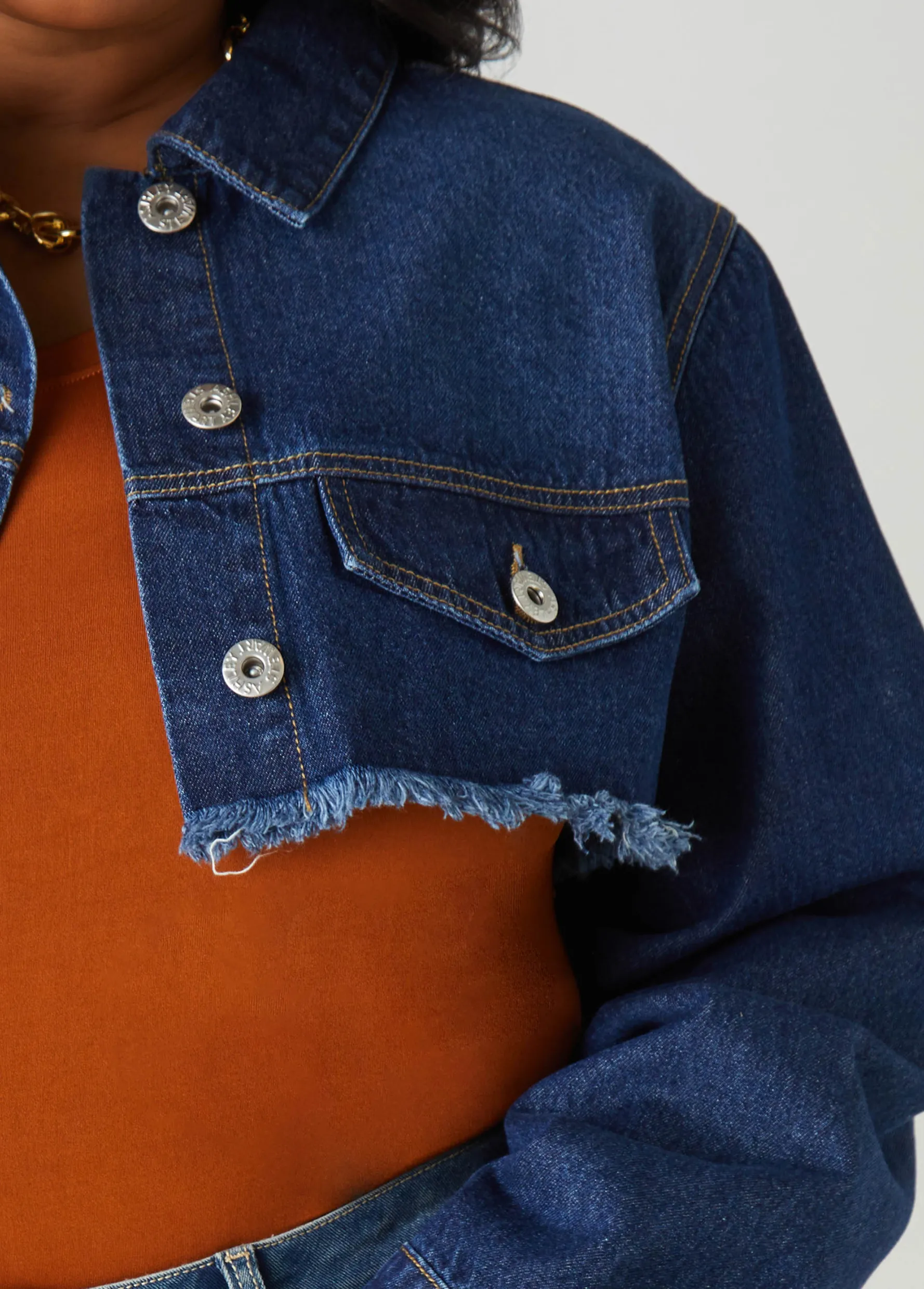 Fashion Ashley Stewart Cropped Frayed Denim Jacket Dk Rinse