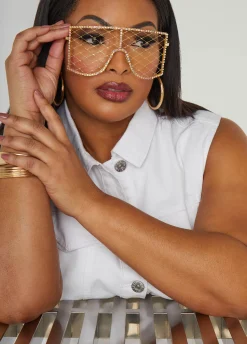 New Ashley Stewart Crystal Caged Shield Sunglasses Gold