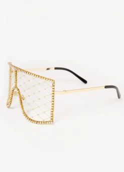 New Ashley Stewart Crystal Caged Shield Sunglasses Gold