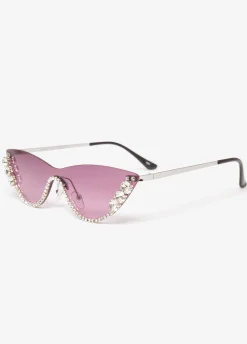 Hot Ashley Stewart Crystal Cat Eye Sunglasses Silver