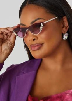 Hot Ashley Stewart Crystal Cat Eye Sunglasses Silver