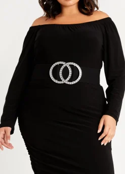 New Ashley Stewart Crystal Circle Wide Stretch Belt Black