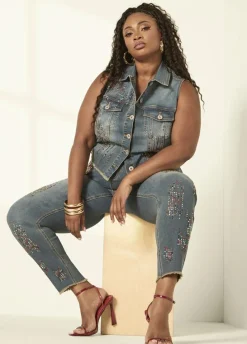 New Ashley Stewart Crystal Denim Vest Medium Blue