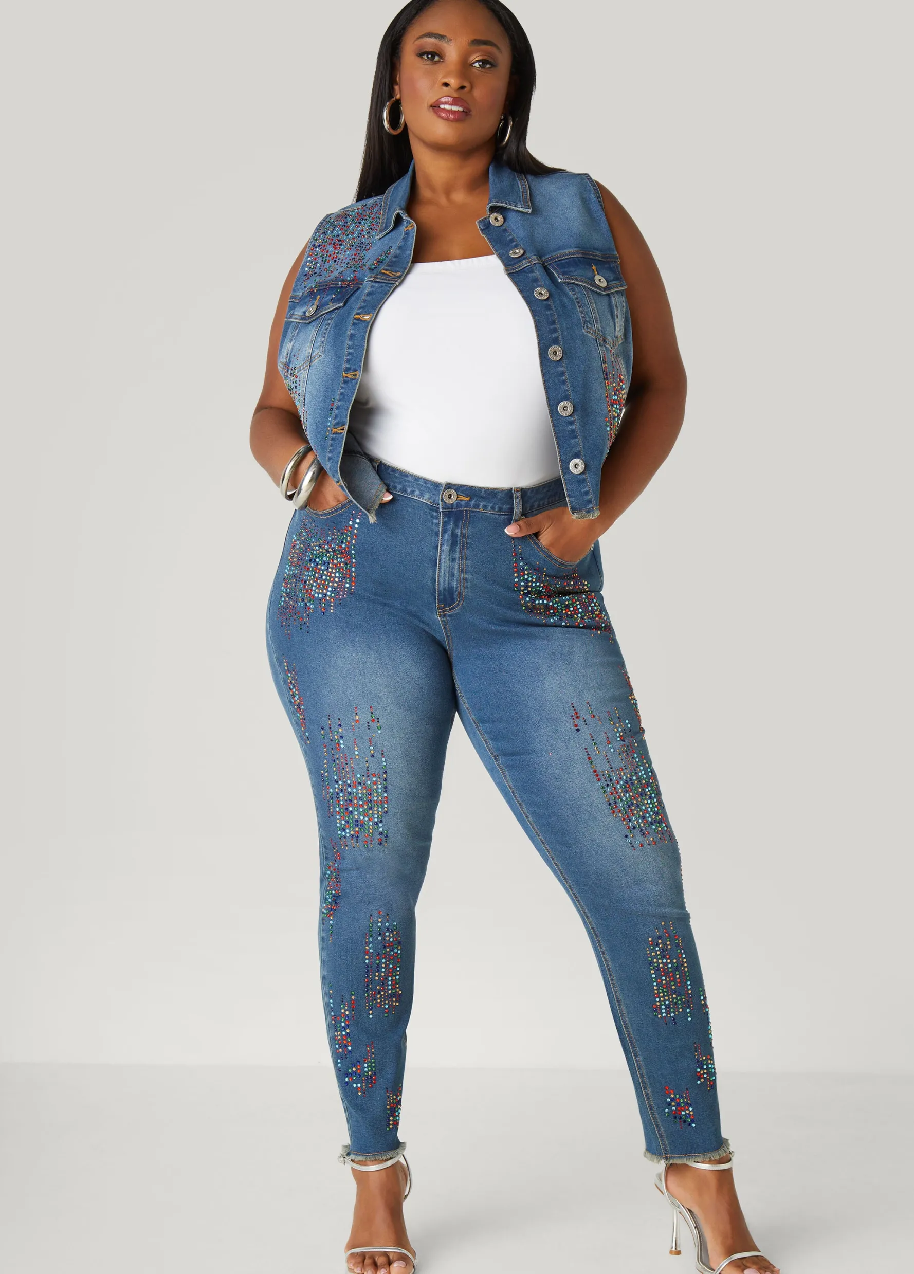 New Ashley Stewart Crystal Denim Vest Medium Blue