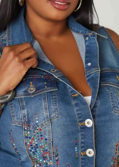 New Ashley Stewart Crystal Denim Vest Medium Blue