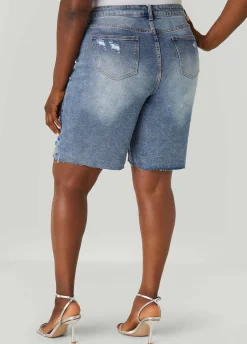 Hot Ashley Stewart Crystal Distressed Denim Shorts Medium Blue
