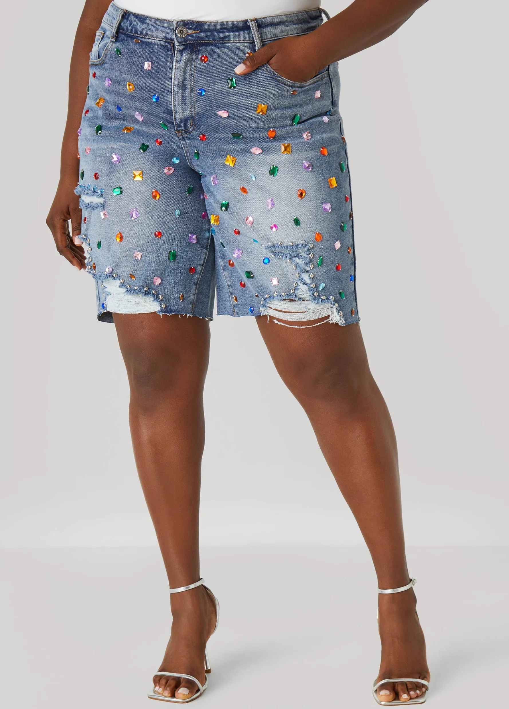 Hot Ashley Stewart Crystal Distressed Denim Shorts Medium Blue