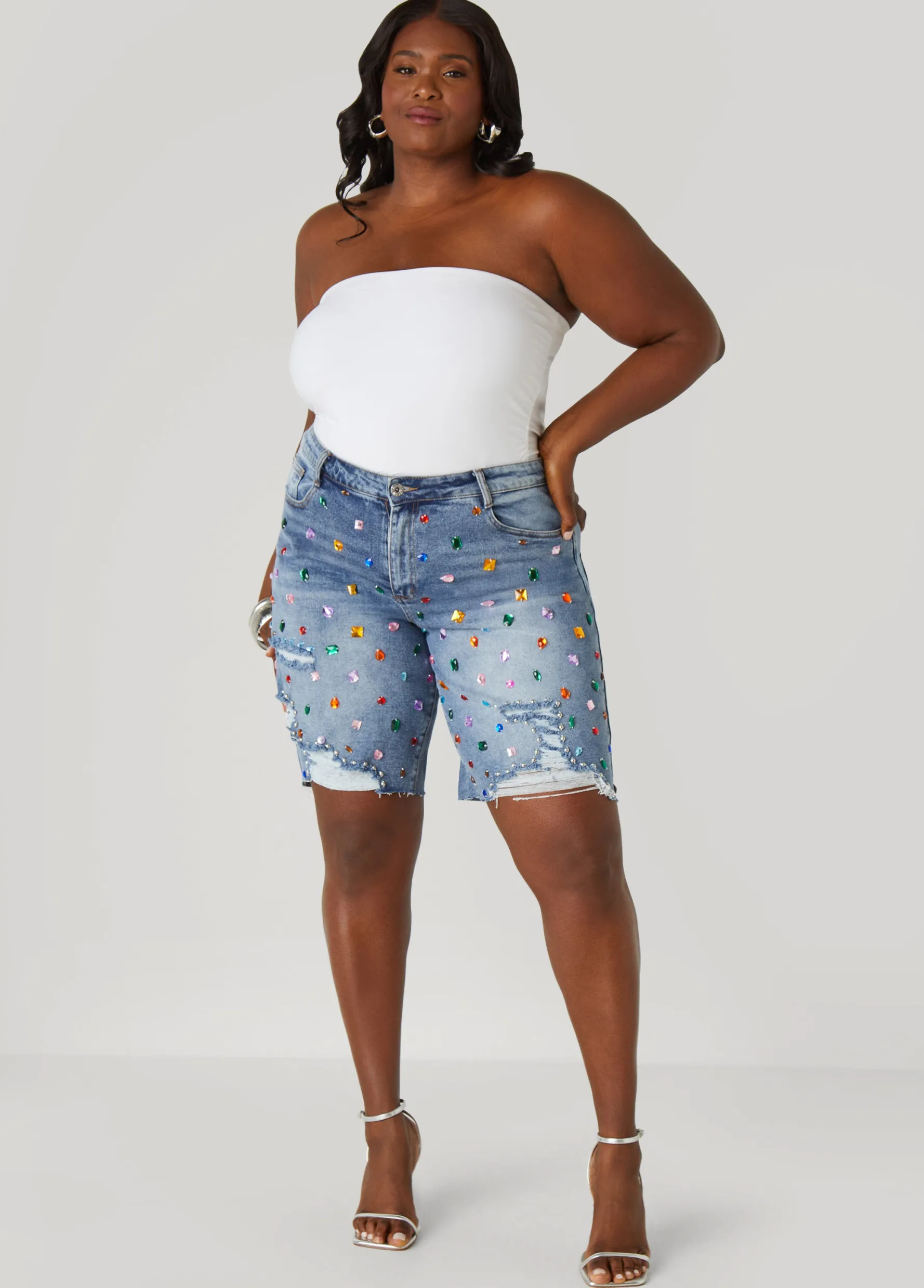 Hot Ashley Stewart Crystal Distressed Denim Shorts Medium Blue