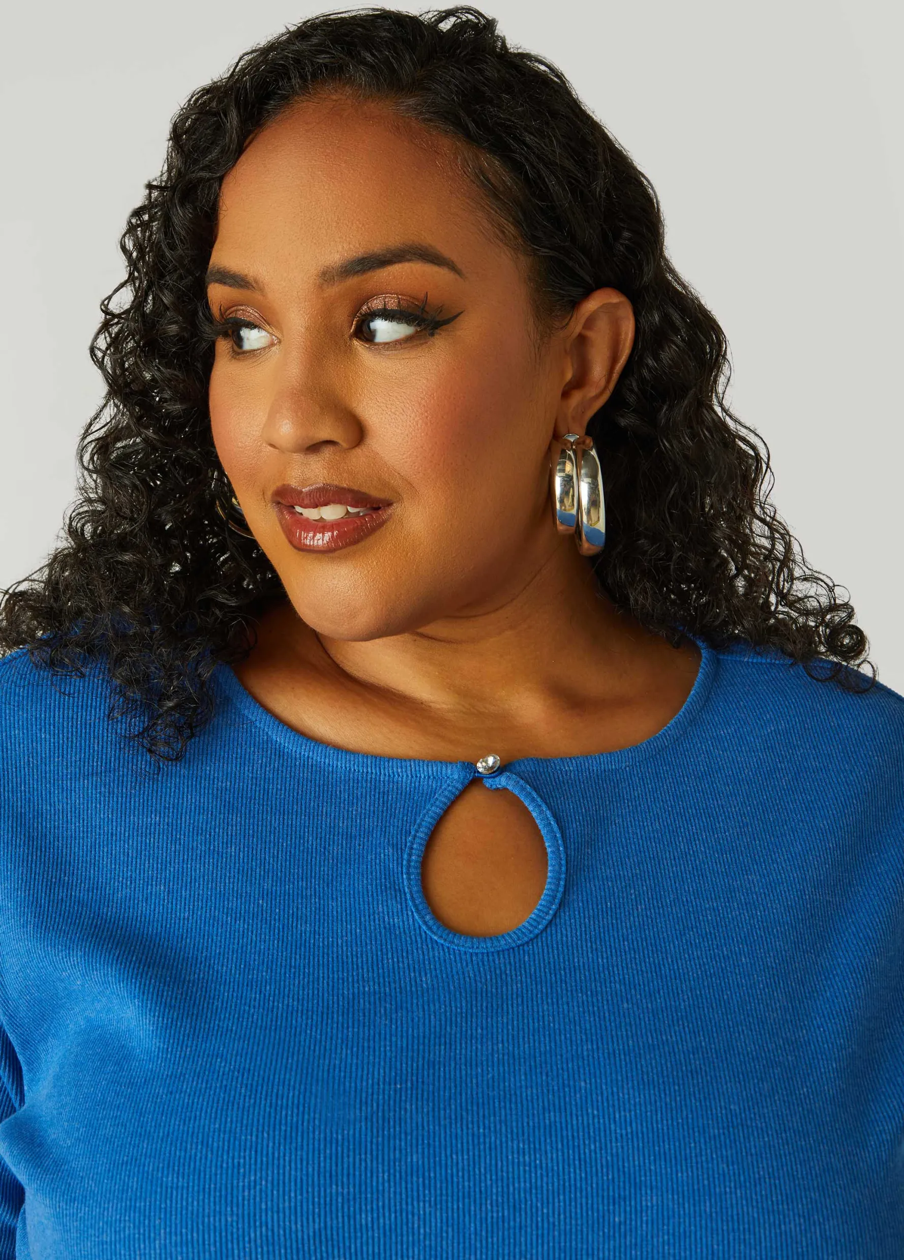 New Ashley Stewart Crystal Keyhole Ribbed Top