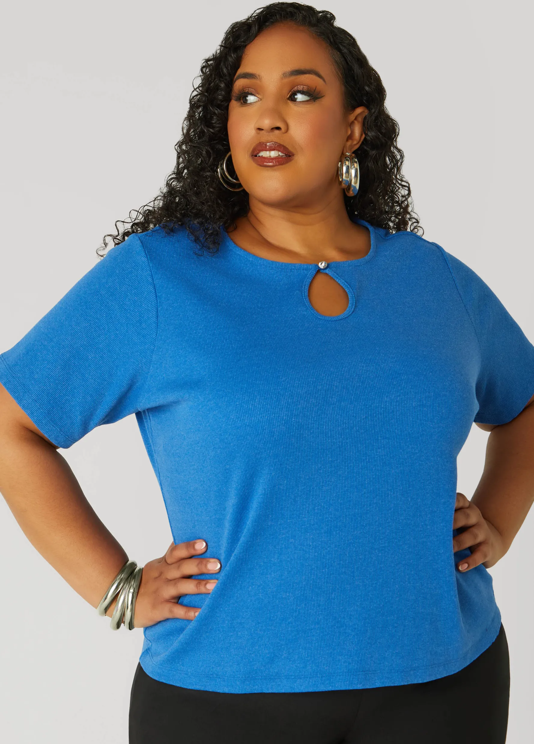 New Ashley Stewart Crystal Keyhole Ribbed Top
