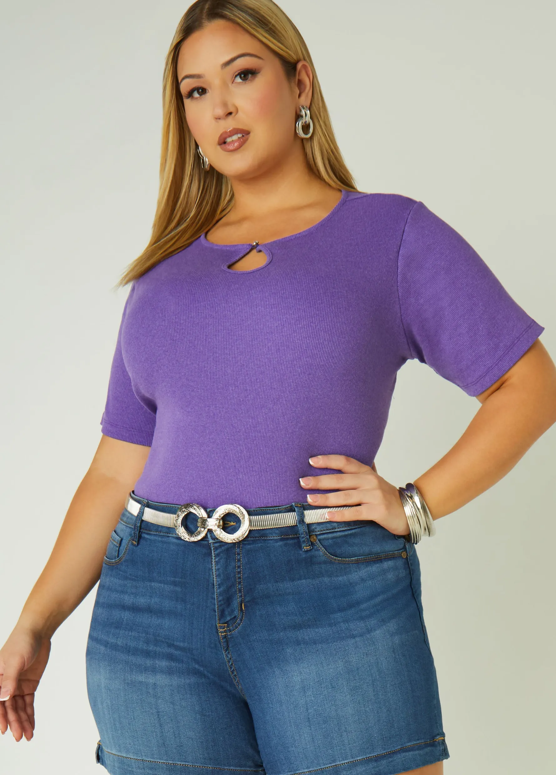 New Ashley Stewart Crystal Keyhole Ribbed Top