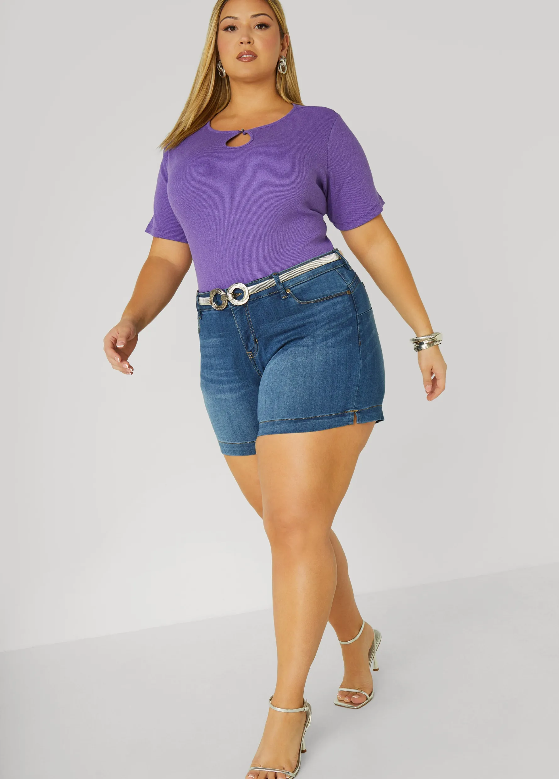 New Ashley Stewart Crystal Keyhole Ribbed Top