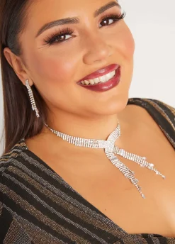 Online Ashley Stewart Crystal Necklace And Earrings Set Silver