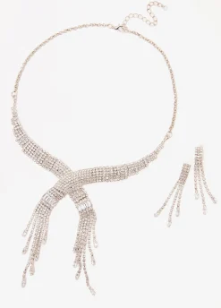Online Ashley Stewart Crystal Necklace And Earrings Set Silver