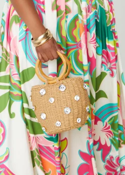 Fashion Ashley Stewart Crystal Straw Bucket Bag Natural
