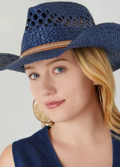 Hot Ashley Stewart Crystal Straw Cowboy Hat Blue
