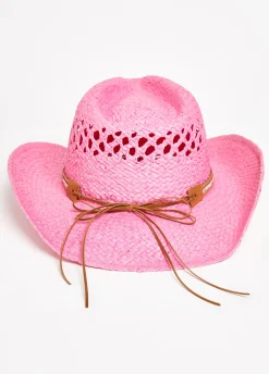 Hot Ashley Stewart Crystal Trimmed Straw Cowboy Hat Pink