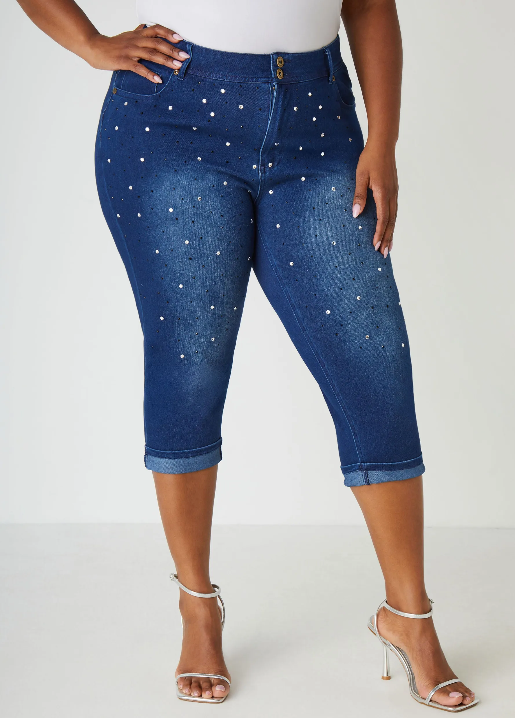 Clearance Ashley Stewart Cuffed Crystal Denim Capris
