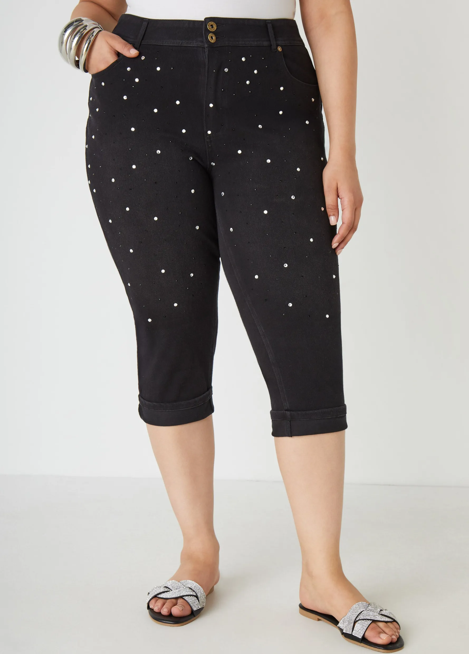 Clearance Ashley Stewart Cuffed Crystal Denim Capris