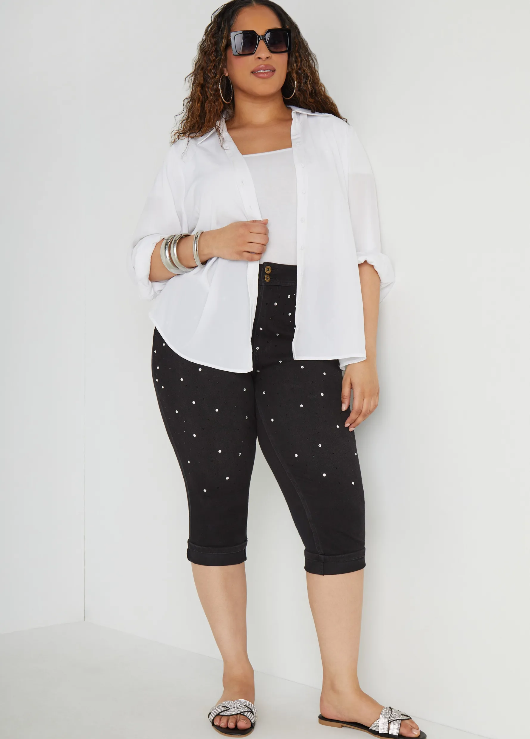 Clearance Ashley Stewart Cuffed Crystal Denim Capris