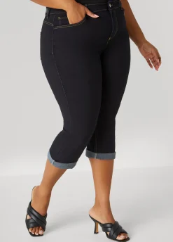 New Ashley Stewart Cuffed Denim Capris Black