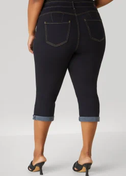 New Ashley Stewart Cuffed Denim Capris Black