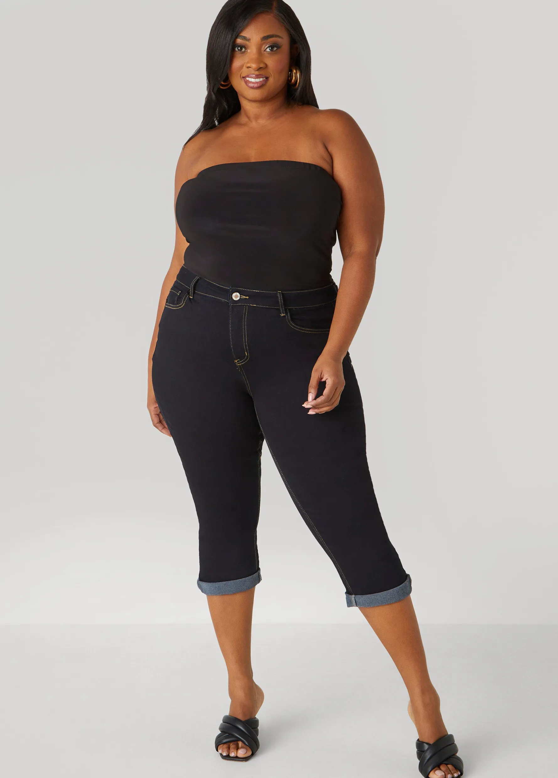 New Ashley Stewart Cuffed Denim Capris Black