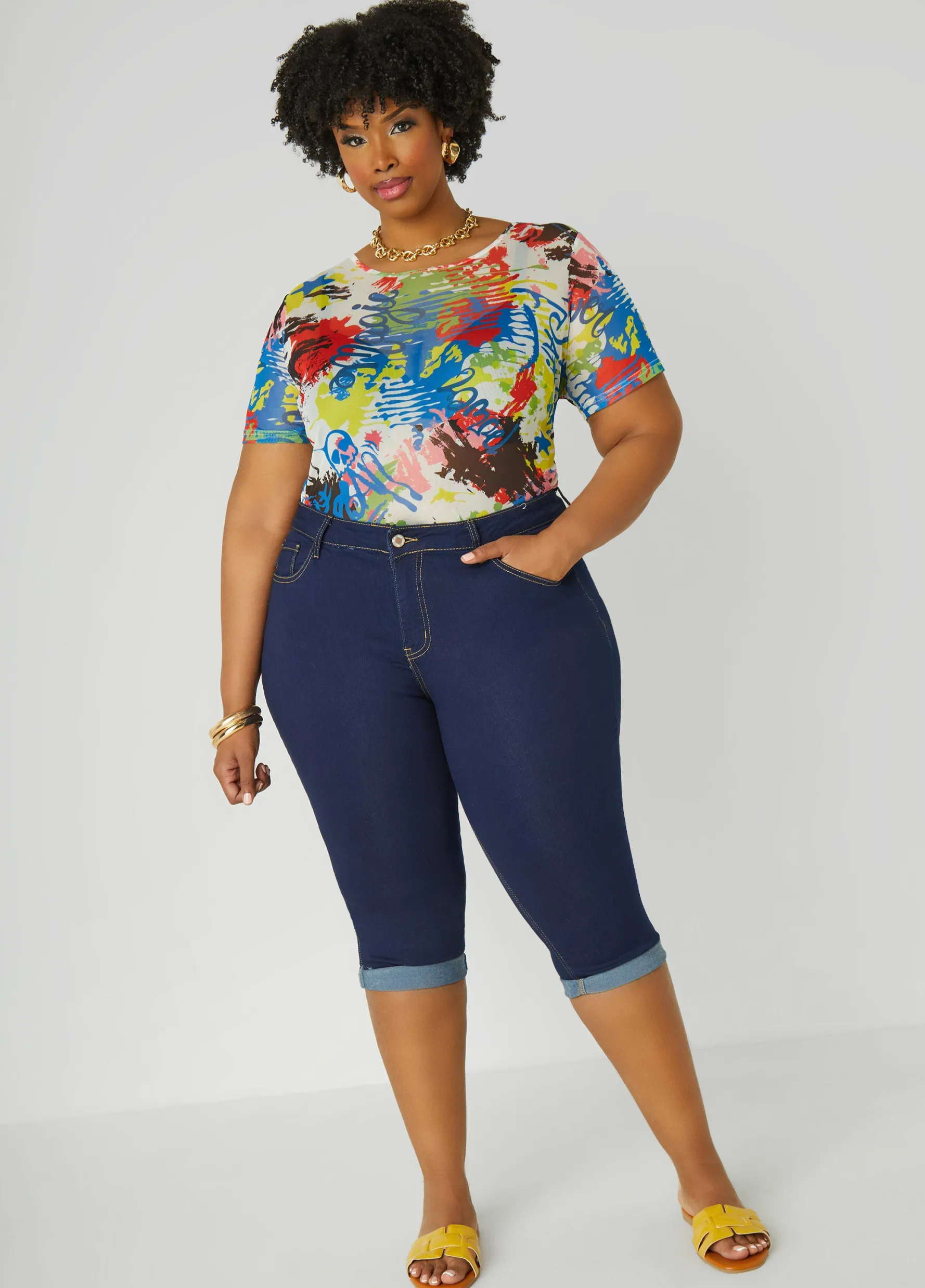 Clearance Ashley Stewart Cuffed Mid Rise Denim Capris Dk Rinse