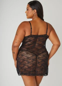 Clearance Ashley Stewart Cupless Lace Chemise Set Black