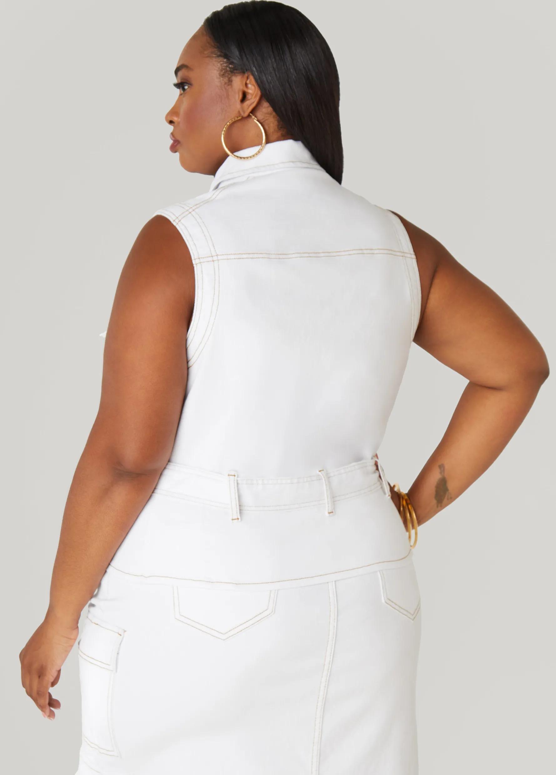 Outlet Ashley Stewart Denim Cargo Vest White