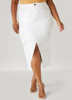 Discount Ashley Stewart Denim Maxi Cargo Skirt White