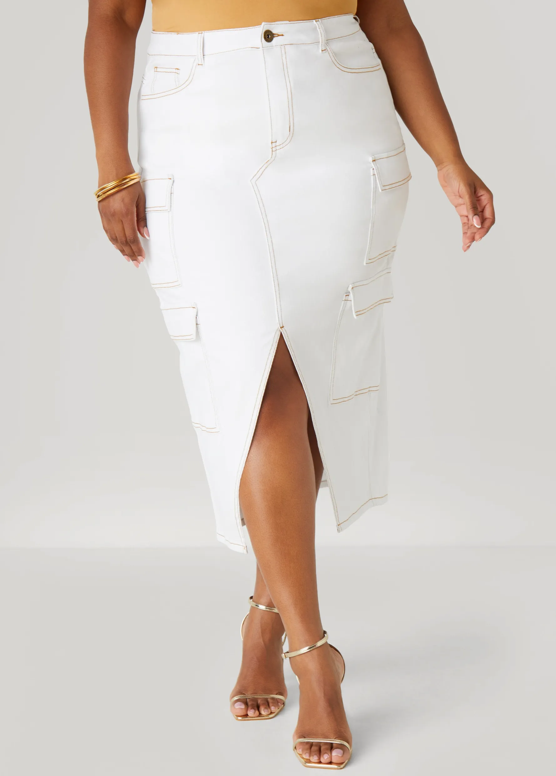 Discount Ashley Stewart Denim Maxi Cargo Skirt White