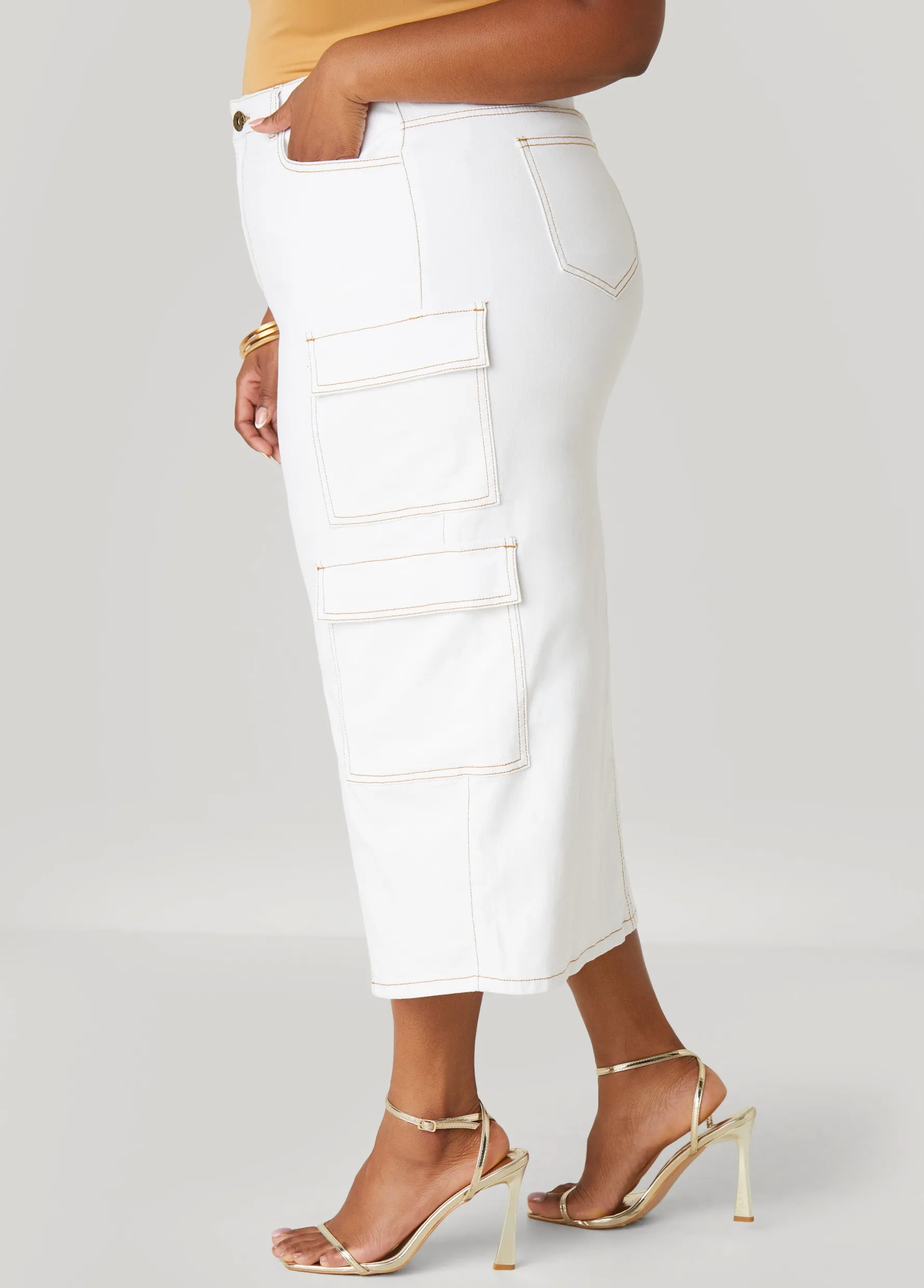 Discount Ashley Stewart Denim Maxi Cargo Skirt White