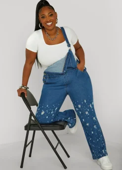 Sale Ashley Stewart Distressed Denim Overalls Dk Rinse