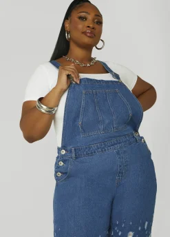 Sale Ashley Stewart Distressed Denim Overalls Dk Rinse