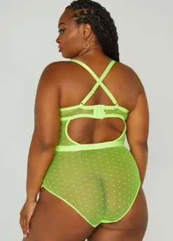 Clearance Ashley Stewart Dotted Mesh And Lace Bodysuit Green