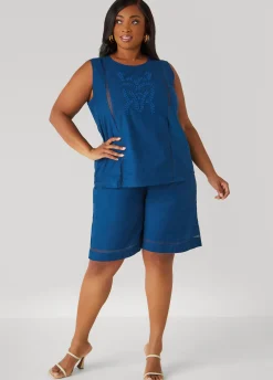 Hot Ashley Stewart Embroidered Cotton Blend Shorts Indigo