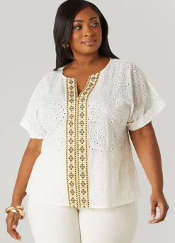 Fashion Ashley Stewart Embroidered Eyelet Top White